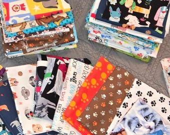 10 Piece Dog Cat themed Precut Fabric Surprise Destash Mostly Printed Cotton for Quilting, Sewing Craft Stash Builder Clearance