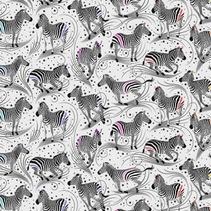 May include: A repeating pattern on a white background featuring black and white zebras in various poses. Each zebra includes a small, distinct accent of either pink, purple, or orange color on its back. The design is filled with black swirling lines and small stars.