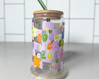 Cool Teacher Club 16oz Libbey Glass Cup with Bamboo Lid and Glass Straw Teacher Gift Colorful Retro Iced Coffee Cup for Teachers