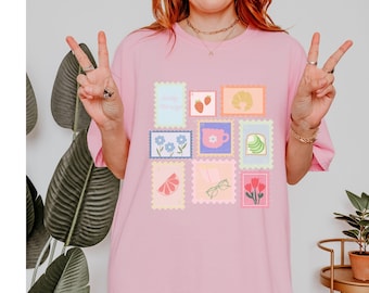 Sunday Mornings Graphic Tee – Comfort Colors Shirt – Cozy Pastel Stamp Collage – Croissant, Avocado Toast, Strawberry, Tulip Tee