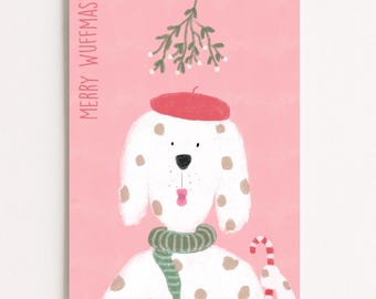 Kerstkaart met hond – Merry Wuffmas | Grappige kerstkaart met hond | Illustratie door Aunt Brushpatsch | Duurzame hondenwenskaart