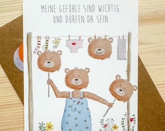 Affirmation card bear – encouragement card for children and adults – postcard A6 hand-drawn – feelings are important illustration