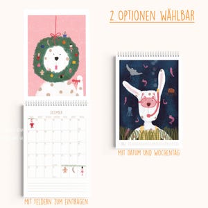 Peut inclure: Deux calendriers muraux &agrave; reliure spirale. L'un pr&eacute;sente un chien dans une couronne de No&euml;l sur fond rose avec une grille de d&eacute;cembre. L'autre montre un lapin blanc portant un masque de plong&eacute;e sous l'eau avec des cr&eacute;atures marines.