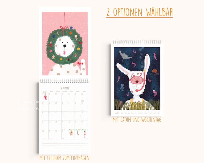 Peut inclure: Deux calendriers muraux &agrave; reliure spirale. L'un pr&eacute;sente un chien dans une couronne de No&euml;l sur fond rose avec une grille de d&eacute;cembre. L'autre montre un lapin blanc portant un masque de plong&eacute;e sous l'eau avec des cr&eacute;atures marines.