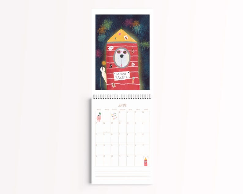 Peut inclure: Un calendrier mural pour janvier illustrant une fus&eacute;e rouge avec un chien blanc portant des lunettes de soleil dans le cockpit. La fus&eacute;e porte le texte MOND RAKETE et est entour&eacute;e de feux d'artifice color&eacute;s sur un ciel nocturne bleu &eacute;toil&eacute;.