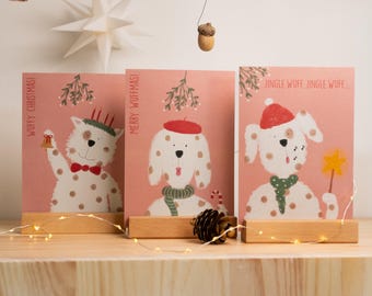 クリスマスカード 犬 – 3枚セット – 面白い犬のクリスマスカード – イラスト – かわいい犬のカード – お祝いのグリーティングカード – ギフト