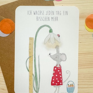 Peut inclure: Une carte de vœux fantaisiste avec une souris grise en tablier rouge à pois atteignant une fleur. La carte comprend le texte "ICH WACHSE JEDEN TAG EIN BISSCHEN MEHR" et une règle. Un petit panier de carottes est également visible.