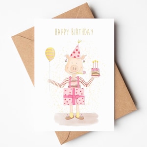 Verjaardagskaart met varken – handgetekende illustratie | Leuke verjaardagskaart | Felicitatiekaart | Ansichtkaart | Tante Brushpatsch