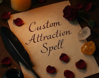 Pode incluir: Uma vela de cera de abelha acesa, uma pena e uma folha de papel com as palavras "Custom Attraction Spell" estão dispostas sobre uma superfície de madeira escura. Pétalas de rosa vermelhas e cristais rodeiam o papel, com uma rosa e uma pequena tigela de ervas.