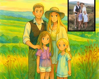 Custom Anime Family Portrait – Whimsical Cartoon Style Illustration Poster, Framed Print or Canvas Gift