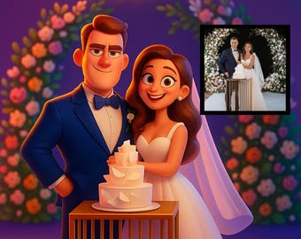 Spersonalizowany portret pary młodej – spersonalizowany styl kreskówkowy do pobrania w wersji cyfrowej – prezent na zaręczyny, rocznicę i wieczór panieński