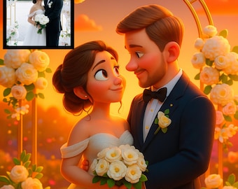 Custom Wedding Couple Portrait: Cartoon Style Illustration (Poster, Framed, or Canvas)
