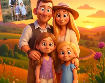 Custom Animated Character Family Portrait – Personalized Cartoon Style Art