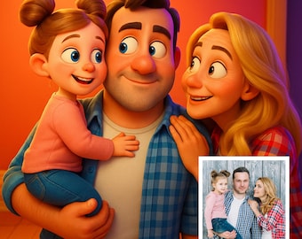 Niestandardowy animowany portret rodzinny postaci – spersonalizowana grafika w stylu kreskówkowym – do pobrania w wersji cyfrowej