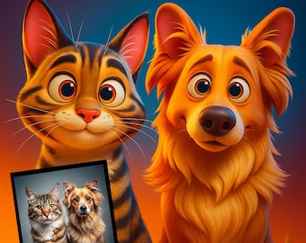 Portret zwierzaka z kreskówki: spersonalizowana sztuka cyfrowa, prezent dla miłośnika psów i kotów (do pobrania w wersji cyfrowej)
