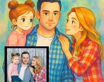 Plakat z portretem rodziny w stylu anime – fantazja i kreskówka (do pobrania w wersji cyfrowej)