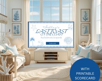 Last Toast On The Coast Bachelorette Jeopardy Game Template, Bach Drinking Game Hens Party, Beach Coastal Bachelorette Trivia Game Canva