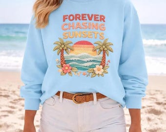 Faux Crochet Sunset Sweatshirt Comfort Colors 1566, Forever Chasing Sunsets Beach Sweatshirt, Coastal Summer Crewneck, Vacation Sweatshirt