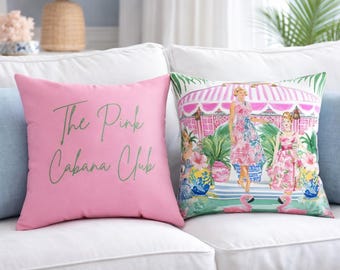 Funda de almohada estilo cabaña en Palm Beach / Funda de almohada costera rosa / Arte de moda vintage de resort / Decoración de casa de playa estilo preppy