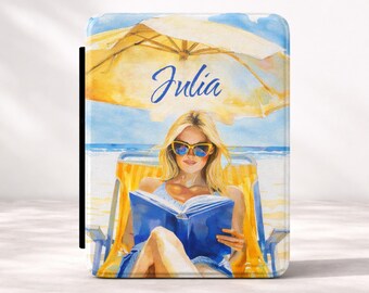 Funda Kindle personalizada con nombre personalizado, diseño playero: acuarela costera, regalo para amantes de los libros, regalo de verano para ella.