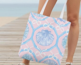 Ocean Beach Tote Bag - Canvas Küstenmuschel Rosa und Blau Sommer Reise Carryall