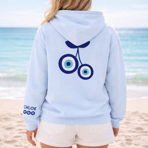 Personalized Cherry Evil Eye Sweatshirt, Custom Name Evil Eye Cherry Crewneck, Coastal Aesthetic Boho Protection Gildan 18500