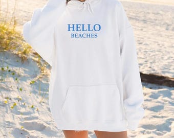 Geborduurd Hello Beaches-sweater | Beach Lover ronde hals | Esthetisch kustsweater | Beach Vibes-trui | Hoodie voor zomervakantie