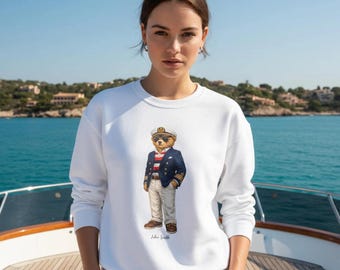 Sudadera Preppy Bear - Regalo para club náutico, cuello redondo con nombre personalizado - Estilo náutico, felpa suave, ropa universitaria de vela