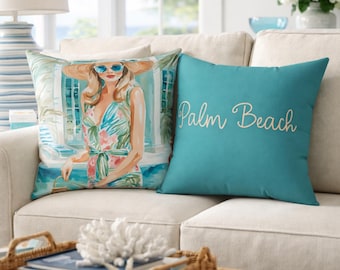 Funda de cojín Palm Beach, decoración costera glamurosa de dos caras, cojín elegante estilo resort, decoración femenina y elegante para el hogar.