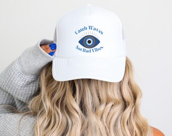 Embroidered Catch Waves Not Bad Vibes Hat | Evil Eye Trucker Hat | Coastal Embroidered Hat | Beach Hat for Women | Good Vibes Surf Hat