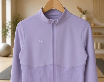 Chaqueta de yoga ajustada, chaqueta de pilates con cremallera completa, top deportivo corto con logo de olas de sol.