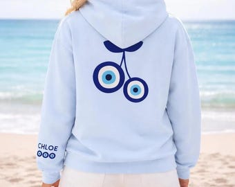 Personalized Cherry Evil Eye Sweatshirt, Custom Name Evil Eye Cherry Crewneck, Coastal Aesthetic Boho Protection Gildan 18500