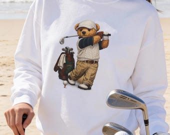 Sudadera de oso golfista preppy, clásica sudadera de cuello redondo con osito de golf, estilo country club, regalo para amantes del golf, sudadera unisex acogedora