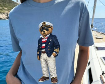 Camisa de capitán con oso preppy para esposa de yate, camiseta de capitán con osito náutico, atuendo de club náutico costero, camisa gráfica de vela preppy