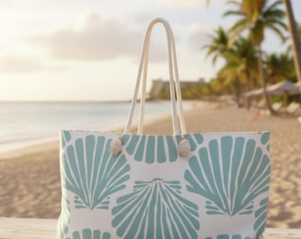 Seafoam Coastal Weekender Tote – Oversized Beach Travel Bag with Rope Handles, Seashell Accent for Summer Getaways