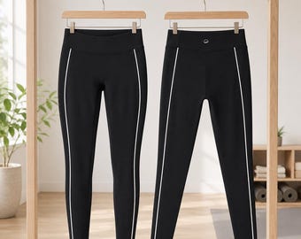Leggings de talle alto con ribete blanco, logo Sun Wave, pantalones de entrenamiento ajustados para pilates y yoga para mujer.