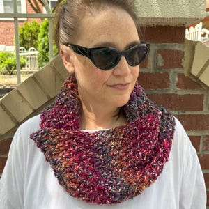 Hand Knit Jewel Tone Infinity Scarf with variegated yarn Cowl Loop Circle Scarf