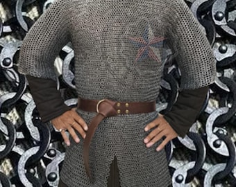 Chainmail Shirt Hauberk, 8mm Flat Riveted & Solid Ring Mail Armor, Half Sleeve Medieval Knight