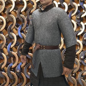 9mm Flat Riveted Chainmail Hauberk - Handcrafted Mild Steel Chain Mail Shirt Armor, Medieval Costume