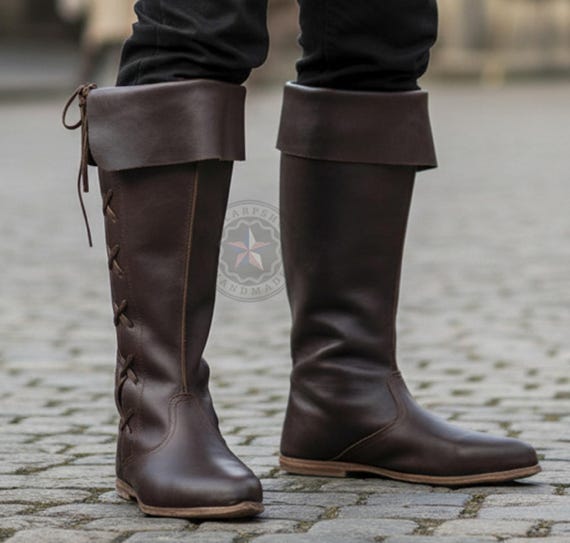 Medieval Leather Boots - Lace Up Renaissance Faire Shoes, Men's Tall Boots, Pirate Costume Footwear