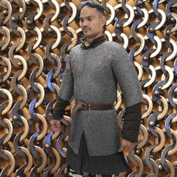 9mm Flat Riveted Chainmail Hauberk - Handcrafted Mild Steel Chain Mail Shirt Armor, Medieval Costume
