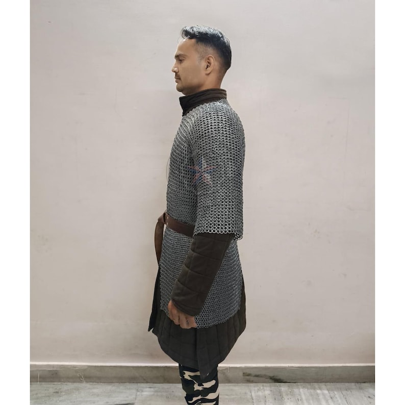 Side profile of 9mm flat riveted chainmail hauberk showing sleeve length and traditional medieval armor construction