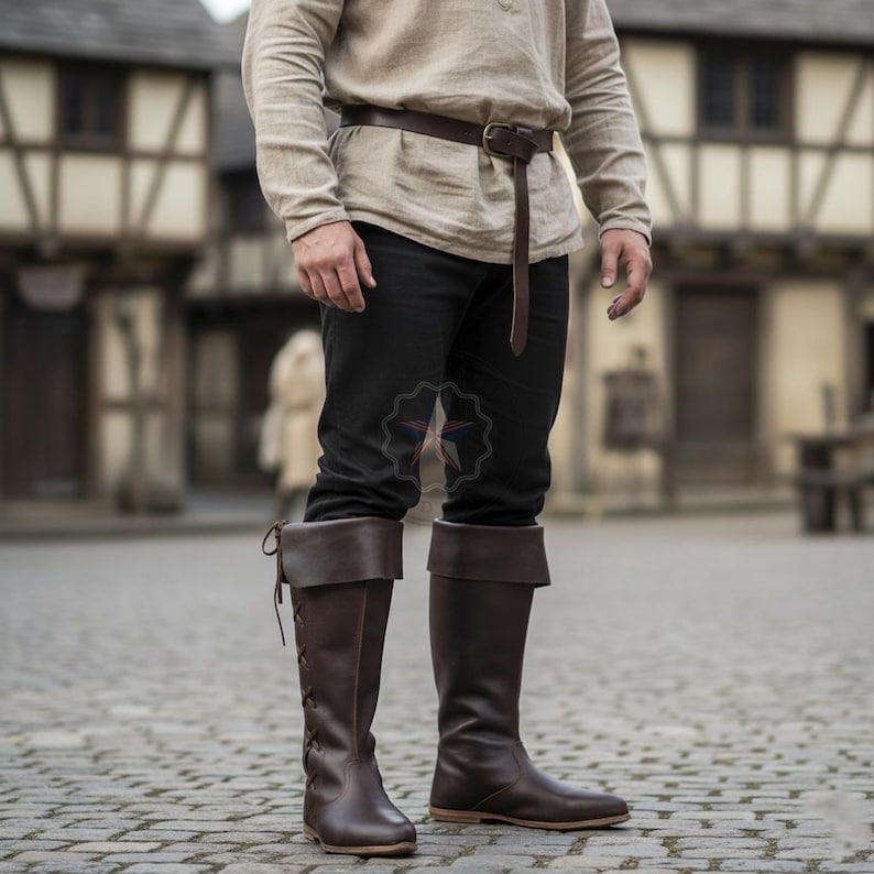 Close-up of genuine brown leather texture and metal eyelets on handmade historical reenactment shoes.