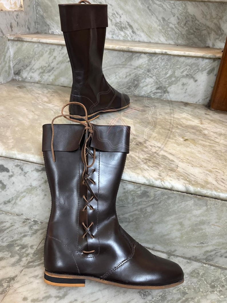 Black leather tall medieval boots for Viking, pirate, Renaissance costumes.