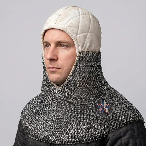 HMB Buhurt Chainmail Coif - Riveted Mild Steel Armor Hood, Padded Arming Cap & Chainmail set