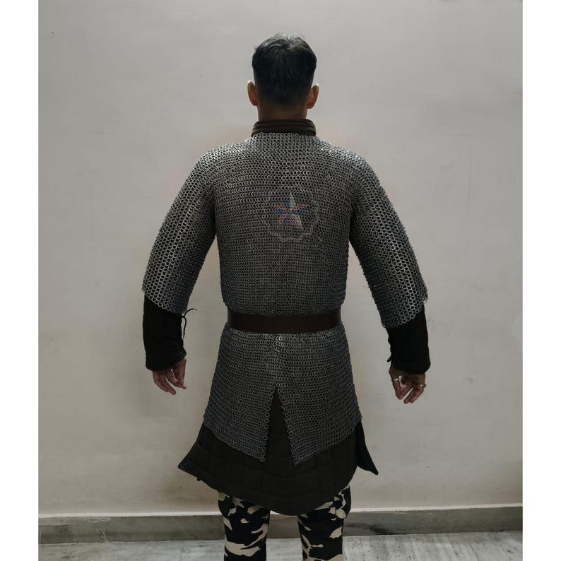 Back view of handmade medieval chainmail hauberk in mild steel with flat riveted 9mm rings, authentic European armor design