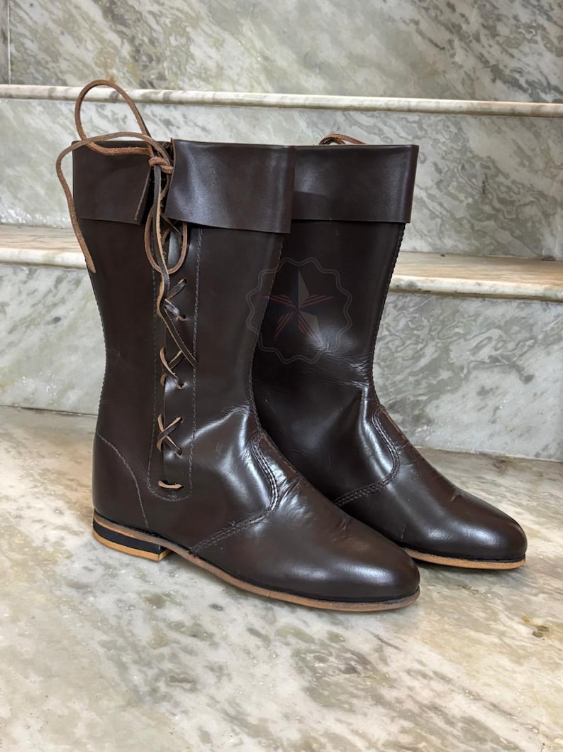 Rustic brown leather cosplay boots for LARP and historical reenactment events.