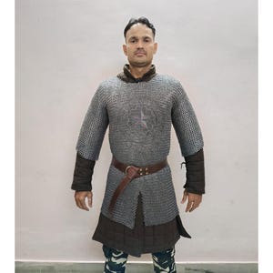 Medieval chainmail hauberk neckline with flat riveted mild steel rings, ideal for reenactment and LARP armor