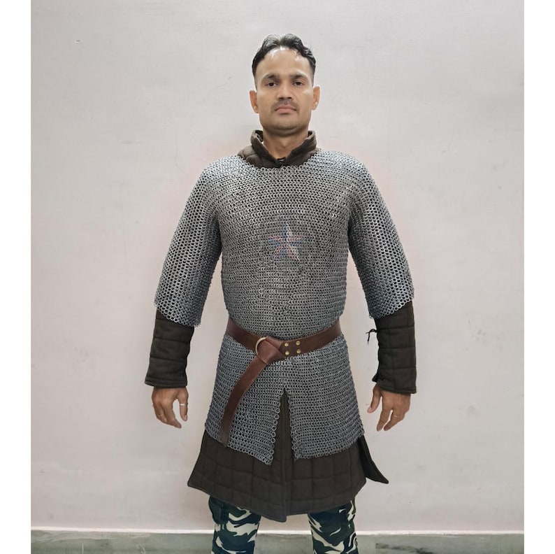 Medieval chainmail hauberk neckline with flat riveted mild steel rings, ideal for reenactment and LARP armor