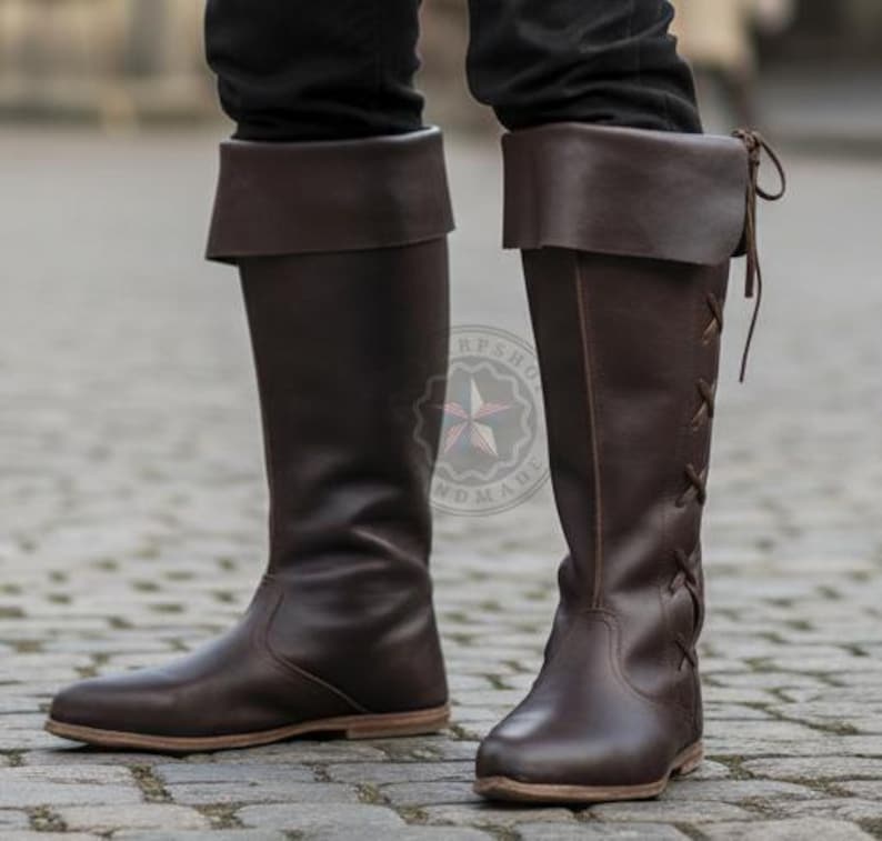 Profile view of calf-high leather LARP boots showing durable stitching and flexible sole for outdoor terrain.